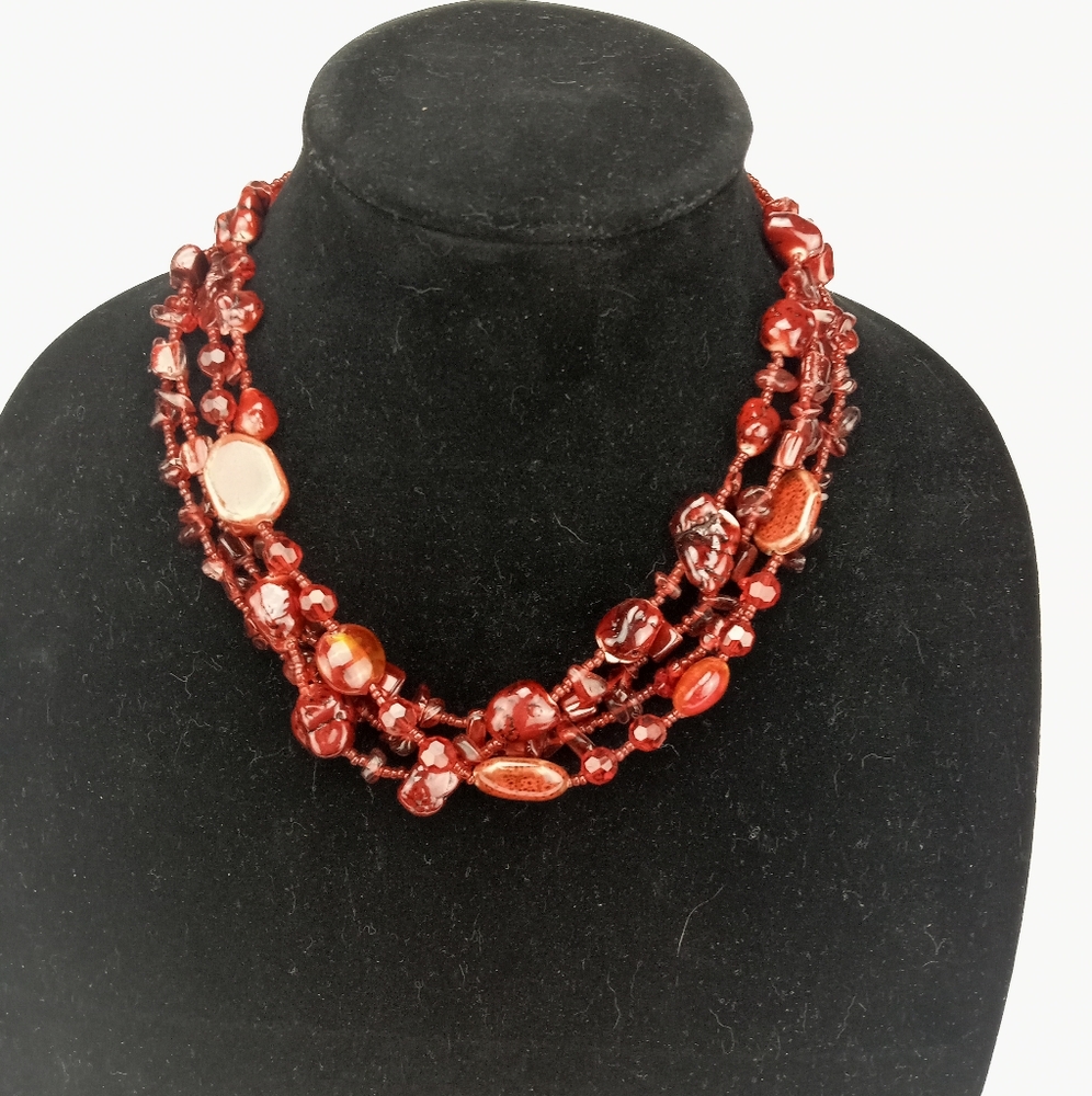 4 Layered Red Glass Beaded Necklace